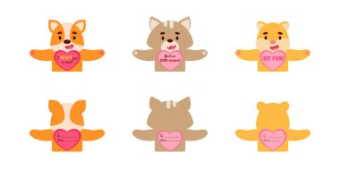 Sevimli hayvan Sevgililer Günü çocuklar için şeker tutucu kartları hediye ediyor. Harika hediye seçeneği sevgililer günü partisi hediyeleri, okul sınıfı ödülleri, hediye değişimi, aşk notları ve daha fazlası. Vektör stok illüstrasyonu