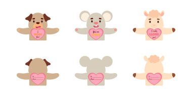 Sevimli hayvan Sevgililer Günü çocuklar için şeker tutucu kartları hediye ediyor. Harika hediye seçenekleri okul ödülleri, sevgililer günü partisi hediyeleri, hediye değişimi, aşk notları ve daha fazlası. Vektör stok illüstrasyonu