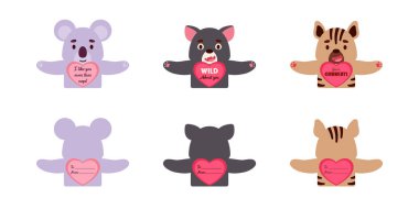 Sevimli hayvan Sevgililer Günü çocuklar için şeker tutucu kartları hediye ediyor. Harika hediye seçeneği okul ödülleri, hediye değişimi, sevgililer günü partisi hediyeleri, aşk notları ve daha fazlası. Vektör stok illüstrasyonu