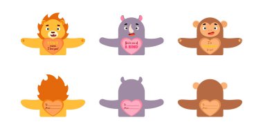 Sevimli hayvan Sevgililer Günü çocuklar için şeker tutucu kartları hediye ediyor. Harika hediye seçeneği sevgililer günü partisi hediyeleri, okul sınıfı ödülleri, hediye değişimi, aşk notları ve daha fazlası. Vektör stok illüstrasyonu