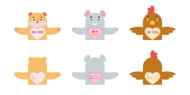 Sevgililer Günü şirin hayvan hediye kartları çocuklar için şeker tutucu kartları. Harika hediye seçeneği okul ödülleri, hediye değişimi, sevgililer günü partisi hediyeleri, aşk notları ve daha fazlası. Vektör stok illüstrasyonu