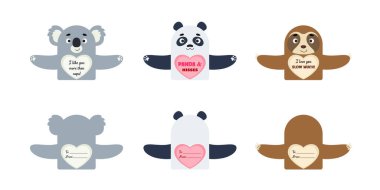 Sevimli hayvan Sevgililer Günü çocuklar için şeker tutucu kartları hediye ediyor. Harika hediye seçenekleri okul ödülleri, sevgililer günü partisi hediyeleri, hediye değişimi, aşk notları ve daha fazlası. Vektör stok illüstrasyonu