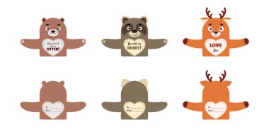 Sevimli hayvan Sevgililer Günü çocuklar için şeker tutucu kartları hediye ediyor. Harika hediye alışverişi, okul sınıfı ödülleri, sevgililer günü partisi hediyeleri, aşk notları ve daha fazlası. Vektör stok illüstrasyonu