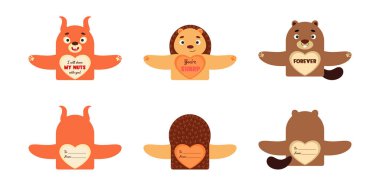 Sevimli hayvan Sevgililer Günü çocuklar için şeker tutucu kartları hediye ediyor. Harika hediye seçeneği sevgililer günü partisi hediyeleri, okul sınıfı ödülleri, hediye değişimi, aşk notları ve daha fazlası. Vektör stok illüstrasyonu