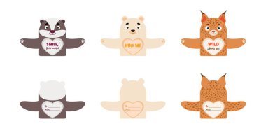 Sevimli hayvan Sevgililer Günü çocuklar için şeker tutucu kartları hediye ediyor. Harika hediye seçenekleri okul ödülleri, sevgililer günü partisi hediyeleri, hediye değişimi, aşk notları ve daha fazlası. Vektör stok illüstrasyonu