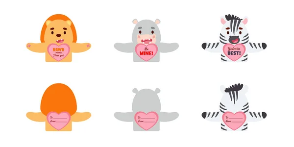 Valentines Day Cute Animal Gift Cards Candy Holder Cards Kids — стоковий вектор