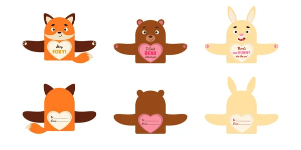 Valentines Day Mignonnes Cartes Cadeaux Animaux Cartes Porte Bonbons Pour — Image vectorielle