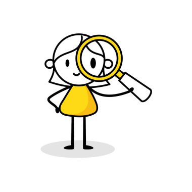 Beyaz arka planda izole edilmiş büyüteçle iş kadını. El çizimi çizimi sanat kadını. Vektör stok illüstrasyonu.