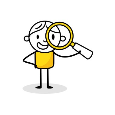 Beyaz arka planda izole edilmiş büyüteçle bir iş adamı. El çizimi karalama çizgisi sanatçısı. Vektör stok illüstrasyonu. 