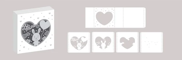 Valentine Day Paper Carve Tunnel Card Hare Balloon Popup Layers — Image vectorielle