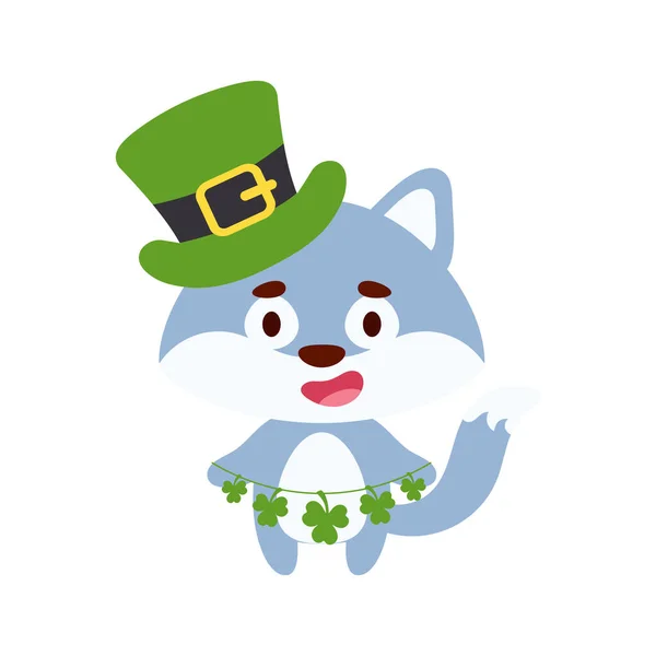 Mignon Loup Dans Chapeau Leprechaun Saint Patrick Détient Des Trèfles — Image vectorielle