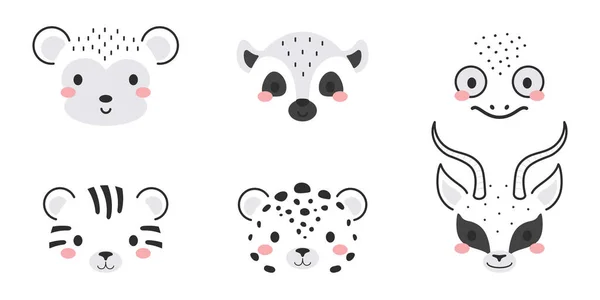 Linda Colección Dibujos Animados Caras Animales Decoración Fiesta Para Niños — Vector de stock