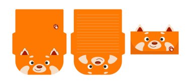 Kırtasiye kâğıdı lazer kesme kartı şablonu yazan sevimli kırmızı panda mektubu. Selamlama, davetiye ve teşekkür kartları için hayvan tasarımı. Vektör stok illüstrasyonu.