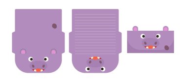 Kağıt lazer kesme kartı şablonu yazan sevimli bir hipopotam mektubu. Selamlama, davetiye ve teşekkür kartları için hayvan tasarımı. Vektör stok illüstrasyonu.