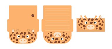 Şirin zürafa mektubu, kağıt lazer kesme kartı şablonu yazıyor. Selamlama, davetiye ve teşekkür kartları için hayvan tasarımı. Vektör stok illüstrasyonu.