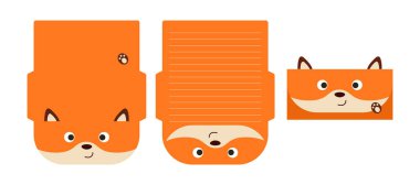 Kırtasiye kâğıdı lazer kesim kart şablonu yazan sevimli tilki mektubu. Selamlama, davetiye ve teşekkür kartları için hayvan tasarımı. Vektör stok illüstrasyonu.