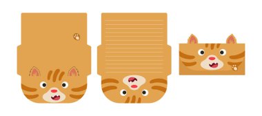 Kağıt lazer kesim kart şablonu yazan sevimli bir kedi mektubu. Selamlama, davetiye ve teşekkür kartları için hayvan tasarımı. Vektör stok illüstrasyonu.