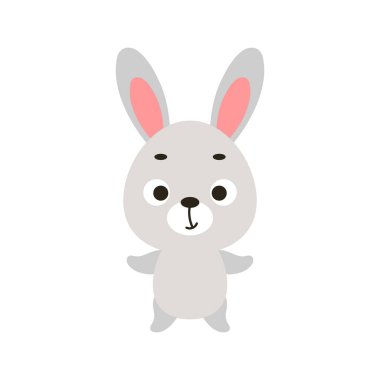 Beyaz arka planda sevimli küçük bir tavşan. Çocuk kartları için çizgi film karakteri, bebek partisi, davetiye, poster, tişört kompozisyonu, ev içi. Vektör stok illüstrasyonu.