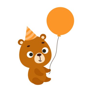 Doğum günü şapkalı şirin küçük ayı balonu beyaz arka planda tutuyor. Çocuk kartları için çizgi film karakteri, bebek partisi, davetiye, poster, tişört kompozisyonu, ev içi. Vektör stok illüstrasyonu.