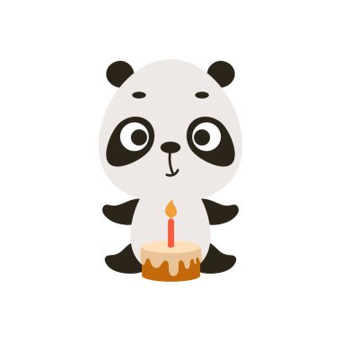 Beyaz arka planda doğum günü pastası olan şirin bir panda. Çocuk kartları için çizgi film karakteri, bebek partisi, davetiye, poster, tişört kompozisyonu, ev içi. Vektör stok illüstrasyonu.