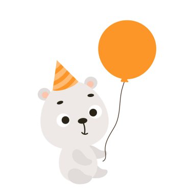 Doğum günü şapkalı şirin küçük kutup ayısı balonu beyaz arka planda tutuyor. Çocuk kartları için çizgi film karakteri, bebek partisi, davetiye, poster, tişört kompozisyonu, dekor. Vektör stok illüstrasyonu