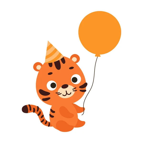 Mignon Petit Tigre Sur Chapeau Anniversaire Garder Ballon Sur Fond — Image vectorielle