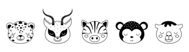 İskandinav tarzı karikatür hayvan yüzleri koleksiyonu. Çocuk tişörtleri, giyim, çocuk odası dekorasyonu, tebrik kartları için sevimli hayvanlar. Siyah beyaz jaguar, ceylan, zebra, maymun, deve.