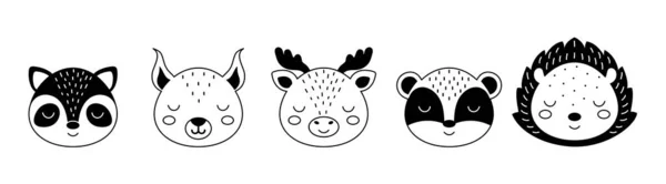 Collection Visages Animaux Dessin Animé Dans Style Scandinave Animaux Mignons — Image vectorielle