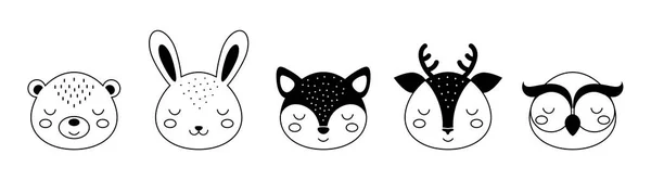 スキャンディナヴィア風の漫画動物の顔のコレクション 子供Tシャツ ウェア 保育園の装飾 グリーティングカードのためのかわいい動物 黒と白のクマ ウサギ キツネ フクロウ — ストックベクタ