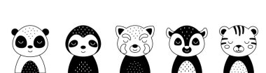 Siyah beyaz hayvanlar, tembel hayvan, kırmızı panda, lemur, kaplan seti. İskandinav tarzında şirin hayvanlar. Çocuk tişörtü, giysi, çocuk odası dekorasyonu, tebrik kartları. Vektör illüstrasyonu.