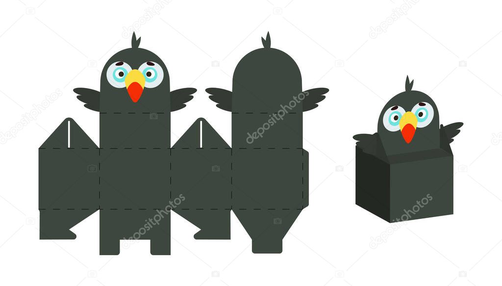 Cute party favor box toucan design for sweets, candies, small presents. Package template for any purposes, birthdays, baby shower, Christmas. Print, cut out, fold, glue. Vector stock illustration