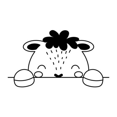 İskandinav tarzında koyun suratlı çizgi film. Çocuk tişörtleri için sevimli bir hayvan, giysi, bebek odası dekorasyonu, tebrik kartları, davetiyeler, posterler, evin içi. Vektör stok illüstrasyonu