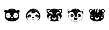 Siyah beyaz hayvan kafaları panda, miskin hayvan, kırmızı panda, lemur, kaplan seti. İskandinav tarzında hayvan yüzleri. Çocuk tişörtleri, giyimleri, bebek odası dekorasyonları, tebrik kartları, diğer şeyler için tasarım..