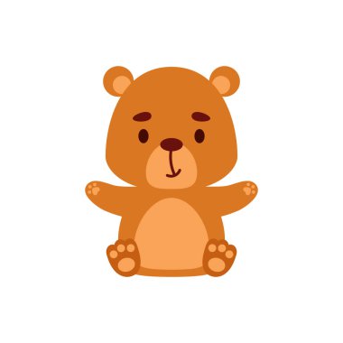 Oturan sevimli bir ayı. Çocuk tişörtleri, bebek odası dekorasyonu, bebek partisi, tebrik kartları, davetiyeler, kitap ayracı, ev dekorasyonu için çizgi film karakteri tasarımı. Vektör stok illüstrasyonu