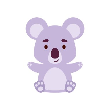 Oturan sevimli koala. Çocuk tişörtleri, bebek odası dekorasyonu, bebek partisi, tebrik kartları, davetiyeler, kitap ayracı, ev dekorasyonu için çizgi film karakteri tasarımı. Vektör stok illüstrasyonu