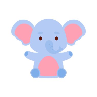 Oturan şirin bir fil. Çocuk tişörtleri, bebek odası dekorasyonu, bebek partisi, tebrik kartları, davetiyeler, kitap ayracı, ev dekorasyonu için çizgi film karakteri tasarımı. Vektör stok illüstrasyonu