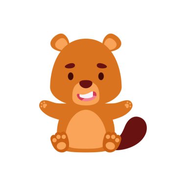 Oturan sevimli kunduz. Çocuk tişörtleri, bebek odası dekorasyonu, bebek partisi, tebrik kartları, davetiyeler, kitap ayracı, ev dekorasyonu için çizgi film karakteri tasarımı. Vektör stok illüstrasyonu