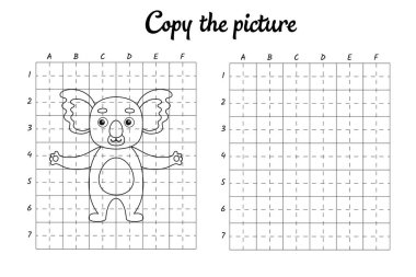 Fotoğrafı kopyala. Şebeke tarafından çiziliyor. Çocuklar için boyama kitabı sayfaları. El yazısı pratiği, çizim becerileri eğitimi. Eğitim, basılabilir çalışma tablosu geliştiriyor. Etkinlik sayfası. Şirin çizgi film vektör illüstrasyonu.