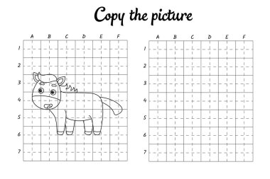 Fotoğrafı kopyala. Şebeke tarafından çiziliyor. Çocuklar için boyama kitabı sayfaları. El yazısı pratiği, çizim becerileri eğitimi. Eğitim, basılabilir çalışma tablosu geliştiriyor. Etkinlik sayfası. Şirin çizgi film vektör illüstrasyonu.