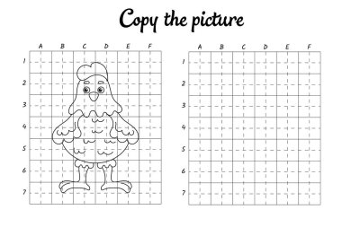 Fotoğrafı kopyala. Şebeke tarafından çiziliyor. Çocuklar için boyama kitabı sayfaları. El yazısı pratiği, çizim becerileri eğitimi. Eğitim, basılabilir çalışma tablosu geliştiriyor. Etkinlik sayfası. Şirin çizgi film vektör illüstrasyonu.
