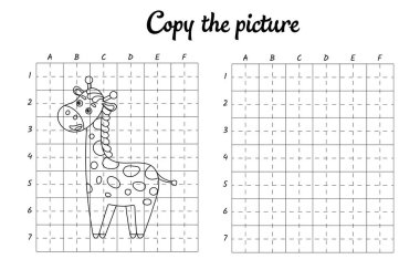 Fotoğrafı kopyala. Şebeke tarafından çiziliyor. Çocuklar için boyama kitabı sayfaları. El yazısı pratiği, çizim becerileri eğitimi. Eğitim, basılabilir çalışma tablosu geliştiriyor. Etkinlik sayfası. Şirin çizgi film vektör illüstrasyonu.