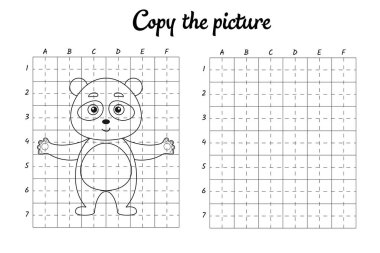 Fotoğrafı kopyala. Şebeke tarafından çiziliyor. Çocuklar için boyama kitabı sayfaları. El yazısı pratiği, çizim becerileri eğitimi. Eğitim, basılabilir çalışma tablosu geliştiriyor. Etkinlik sayfası. Şirin çizgi film vektör illüstrasyonu.