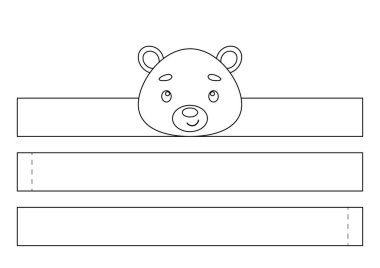 Yazdırılabilir ayı kağıt kaplama. Eğlence için eğlenceli bir aksesuar. Doğum günü, noel, bebek partisi için kurdele şablonu. Yazdır, boya, kes ve yapıştır. Vektör stok illüstrasyonu.