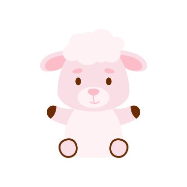 Oturan şirin koyunlar. Çocuk tişörtleri, bebek odası dekorasyonu, bebek partisi, tebrik kartları, davetiyeler, kitap ayracı, ev dekorasyonu için çizgi film karakteri tasarımı. Vektör stok illüstrasyonu