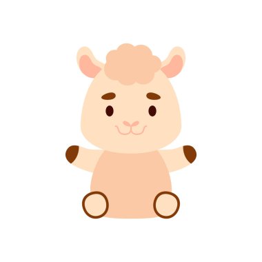 Oturan şirin alpaka. Çocuk tişörtleri, bebek odası dekorasyonu, bebek partisi, tebrik kartları, davetiyeler, kitap ayracı, ev dekorasyonu için çizgi film karakteri tasarımı. Vektör stok illüstrasyonu