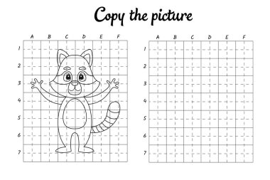 Fotoğrafı kopyala. Şebeke tarafından çiziliyor. Çocuklar için boyama kitabı sayfaları. El yazısı pratiği, çizim becerileri eğitimi. Eğitim, basılabilir çalışma tablosu geliştiriyor. Etkinlik sayfası. Şirin çizgi film vektör illüstrasyonu.