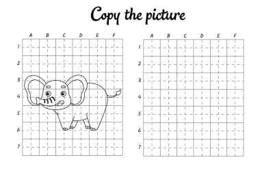 Fotoğrafı kopyala. Şebeke tarafından çiziliyor. Çocuklar için boyama kitabı sayfaları. El yazısı pratiği, çizim becerileri eğitimi. Eğitim, basılabilir çalışma tablosu geliştiriyor. Etkinlik sayfası. Şirin çizgi film vektör illüstrasyonu.