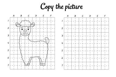 Fotoğrafı kopyala. Şebeke tarafından çiziliyor. Çocuklar için boyama kitabı sayfaları. El yazısı pratiği, çizim becerileri eğitimi. Eğitim, basılabilir çalışma tablosu geliştiriyor. Etkinlik sayfası. Şirin çizgi film vektör illüstrasyonu.