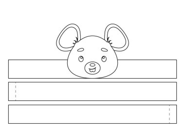 Yazdırılabilir fare kağıdı kaplama. Eğlence için eğlenceli bir aksesuar. Doğum günü, noel, bebek partisi için kurdele şablonu. Yazdır, boya, kes ve yapıştır. Vektör stok illüstrasyonu.