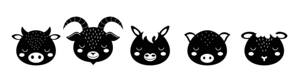 Μαύρα Και Άσπρα Κεφάλια Ζώων Σύνολο Αγελάδας Κατσίκας Αλόγου Χοίρου — Διανυσματικό Αρχείο